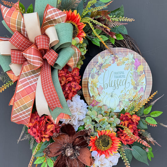 Grateful, Thankful & Blessed Fall Floral Wreath | Designer Brilliance Ribbon | 32" Statement Door Decor