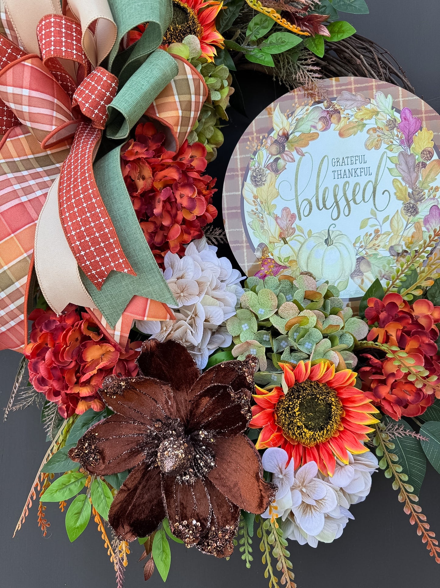 Grateful, Thankful & Blessed Fall Floral Wreath | Designer Brilliance Ribbon | 32" Statement Door Decor