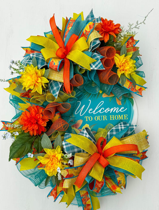 Welcome Home Wreath, Tropical Theme Wreath, Yellow and Orange Wreath, Summer Wreath, Front Porch Wreath, Pool Side decor, Oval Wreath, Large