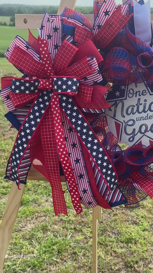 One Nation Under God Patriotic Mesh Wreath – America 250 Front Door Decor – Red White Blue Wreath – Fourth of July Wreath – Storm Door Friendly