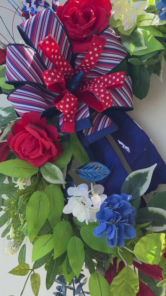 Patriotic Grapevine Wreath | Americana Floral Front Door Decor | Red White and Blue Summer Wreath