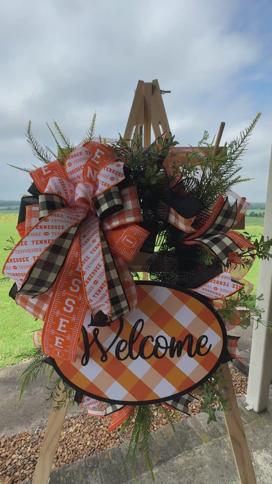 Tennessee Welcome Wreath – Orange & White Front Door Decor | Handmade Football Season Wreath