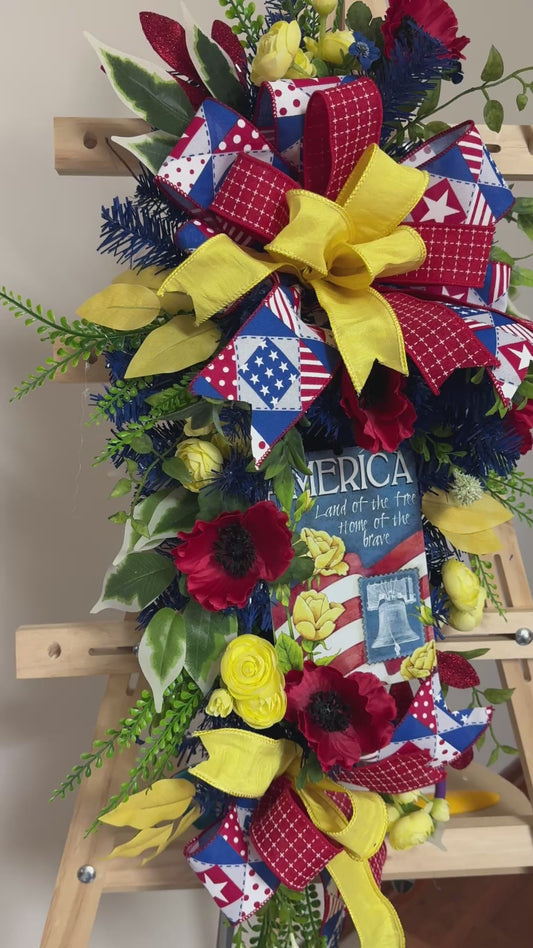 Americana Floral Swag | Patriotic Summer Front Door Decor | Red White and Blue Door Swag