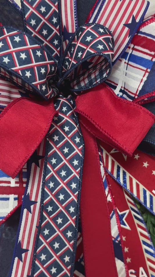 🇺🇸 Patriotic Designer Ribbon Bow – Red, White & Blue Front Door Bow (Wreath Accent)