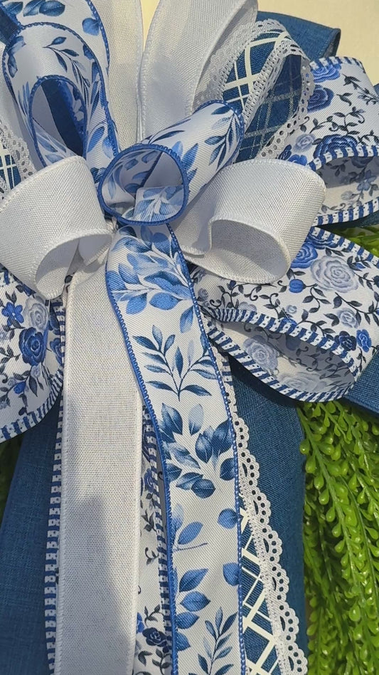 Blue Chinoiserie Designer Interchangeable Bow | Wreath Accent Bow Only