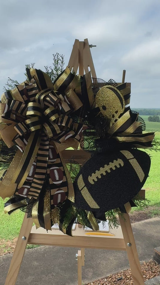 Black & Gold Football Wreath with Personalized Team Ribbon | Handmade Front Door Decor